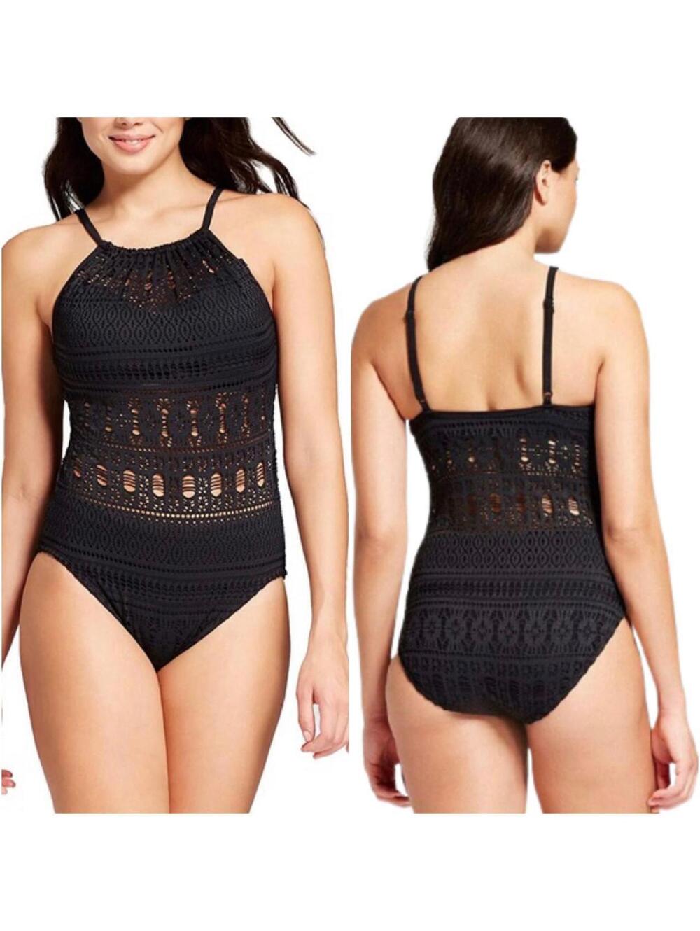 Aqua Green Crochet High Neck Black One Piece Swimsuit Medium